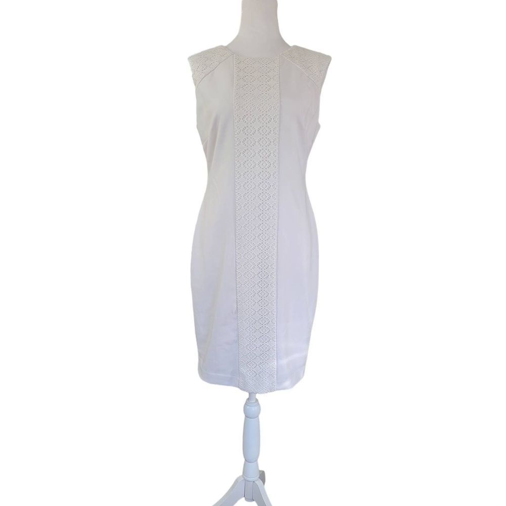 Tahari Midi Dress Women's Size 6 Cream W/ White Crochet Lace Inset Stretchy